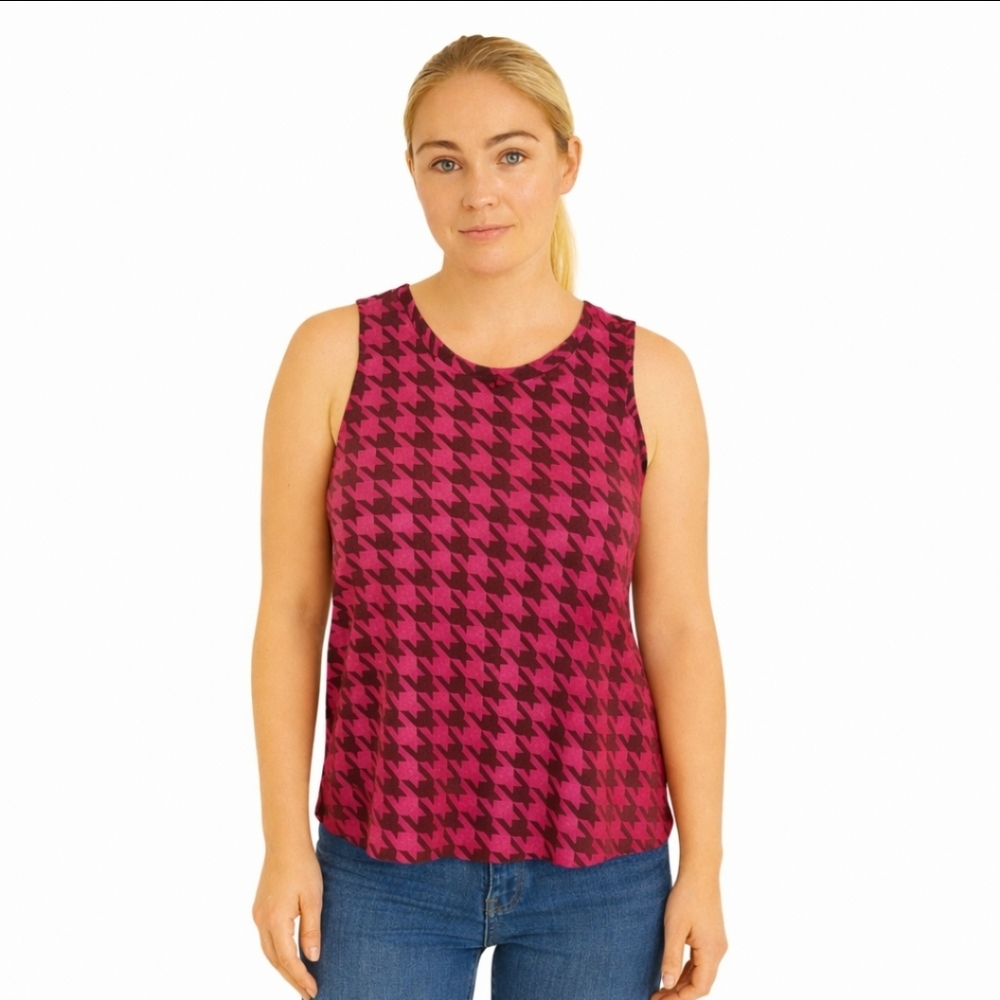Burn Boot Camp Pink Houndstooth Pattern Scrunch Back Tank Top Sz Lg